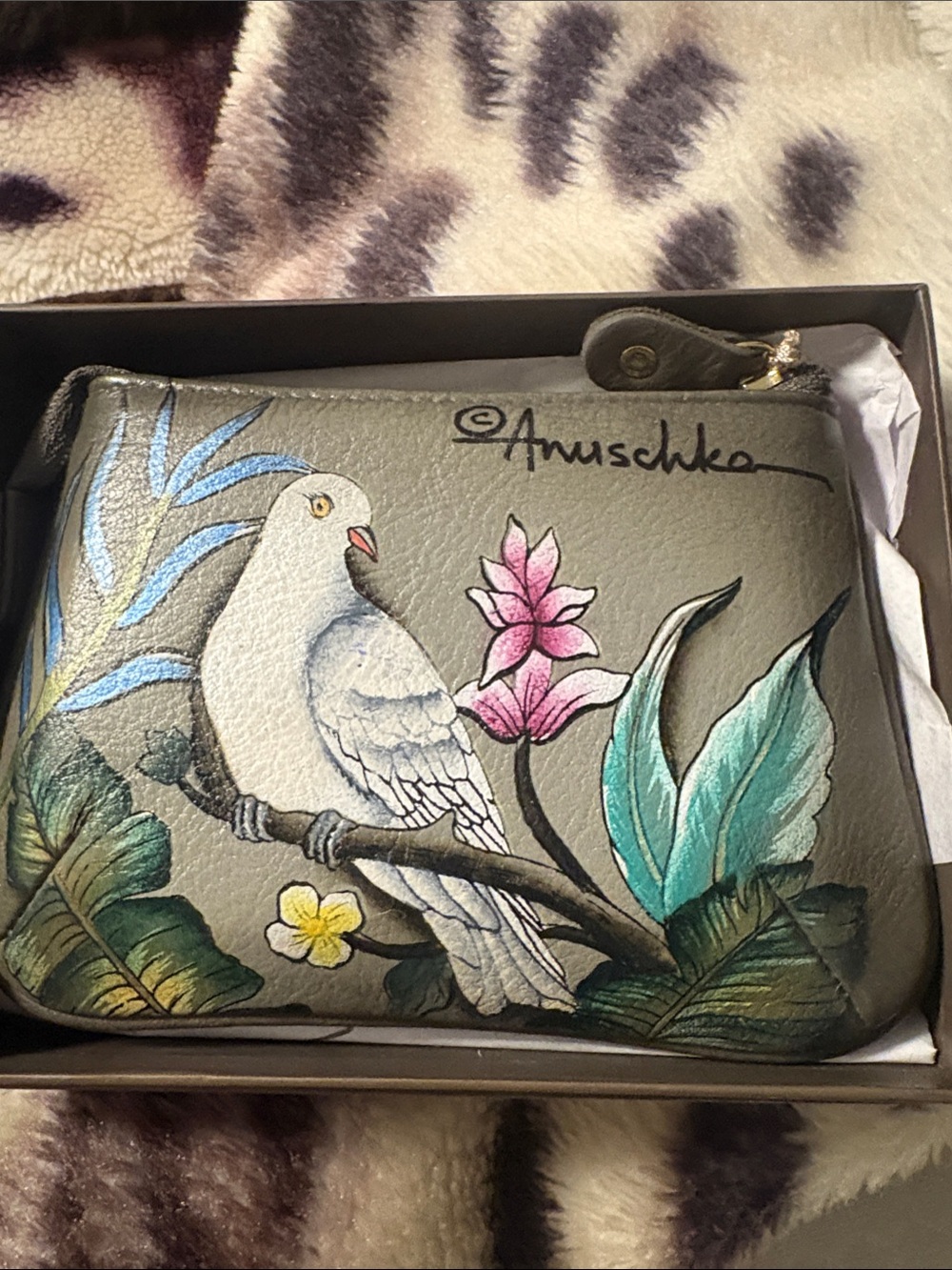 Anuschka Olive Green Leather Coin Purse with Hand-Painted Tropical Bird